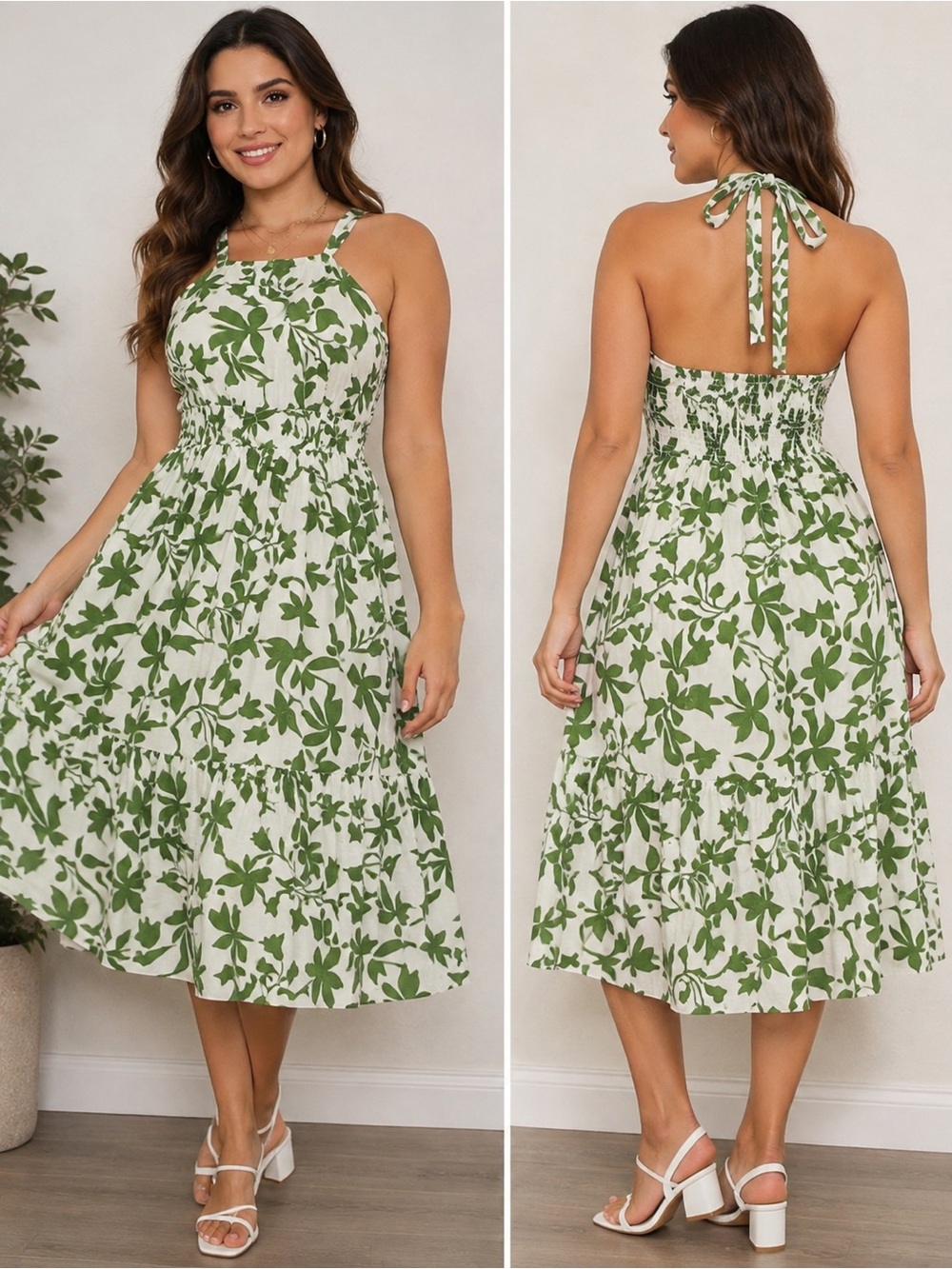 Green Leaf Halter Midi Dress - Women